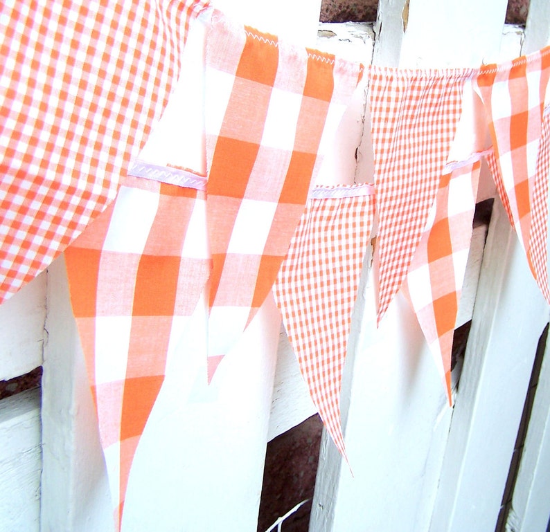 Banner Bunting Fabric Pennant Flags, Garland Vintage Style Gingham Orange Party, Bunting Pennant, Autumn Wedding, Birthday Party, Photo Prop image 1