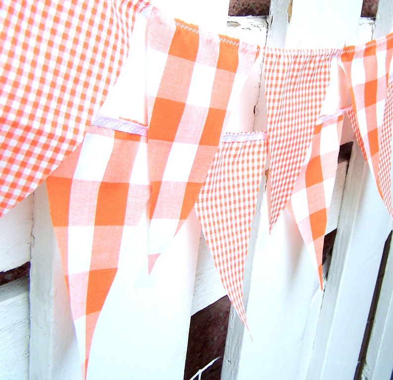 Banner Bunting Stof Wimpel Vlaggen, Garland Vintage Style Gingham Orange Party, Bunting Wimpel, Herfst Bruiloft, Verjaardagsfeestje, Foto Prop afbeelding 1