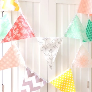 Fabric Banner, Bunting, Pennant Flags, Garland Emerald, Peach, Mint, Grey, Yellow, Coral, Wedding Decor, Photo Prop, Baby Nursery Decor image 2