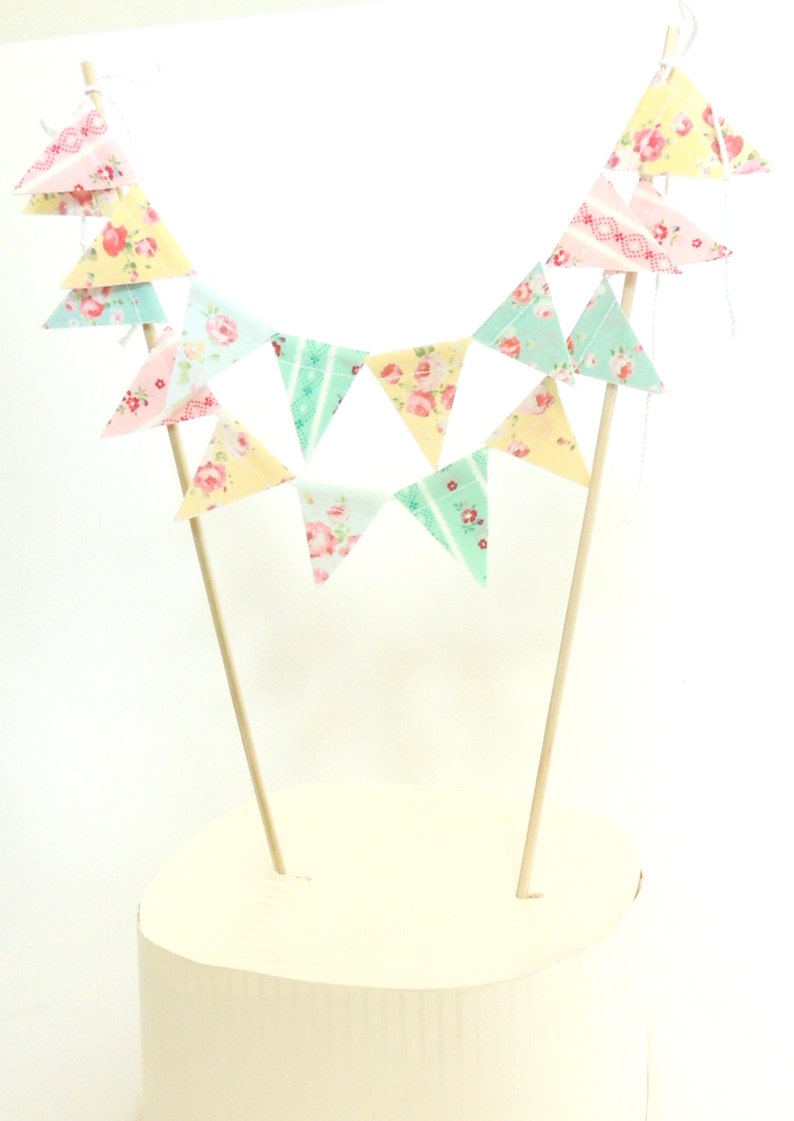 Shabby Chic Cake Banner Topper, Floral Cake Bunting Fabric Pennant Flags, Girl Birthday Party, Baby Shower Banner Cake Smash Cake Photo Prop image 2