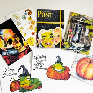 Aquarelles Cartes d'Halloween, Sorcière, Citrouilles, Tête de mort, Grenouilles, Cottage Core Halloween, Cartes peintes à l'aquarelle, 5 x 7