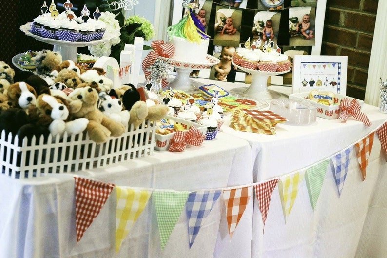 Vintage Gingham Bunting, Fabric Garland Flags, Yellow, Red, Green, Orange, Blue, Birthday Party, Wedding Decor, Baby Nursery image 4