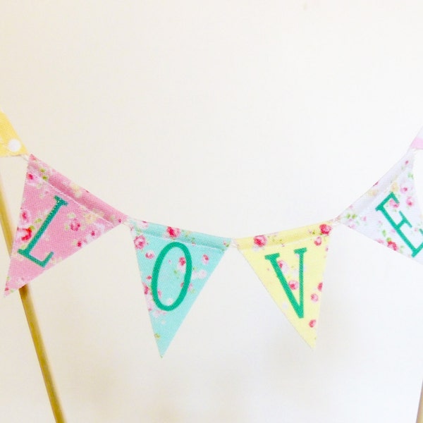 LOVE Wedding Shabby Chic Cake Banner Topper, Wedding Mini Cake Bunting, Fabric Pennant Flags, Bridal Shower Cake Banner Topper