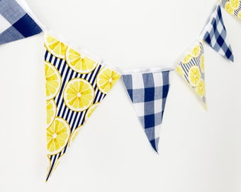 Lemon Stripes Gingham Party Banner, Bunting, Pennant Flags, Lemonade Stand, Baby Girl Shower, Kitchen Decor, Birthday Party, Summer BBQ