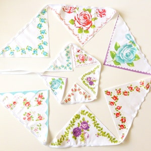 Vintage Handkerchief Banner, Cottagecore Decor Pink, Blue, Wedding Decor, Rose Garland, Floral, Prop, Baby Nursery Decor, Birthday Party