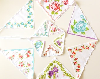 Vintage Handkerchief Banner, Cottagecore Decor Pink, Blue, Wedding Decor, Rose Garland, Floral, Prop, Baby Nursery Decor, Birthday Party