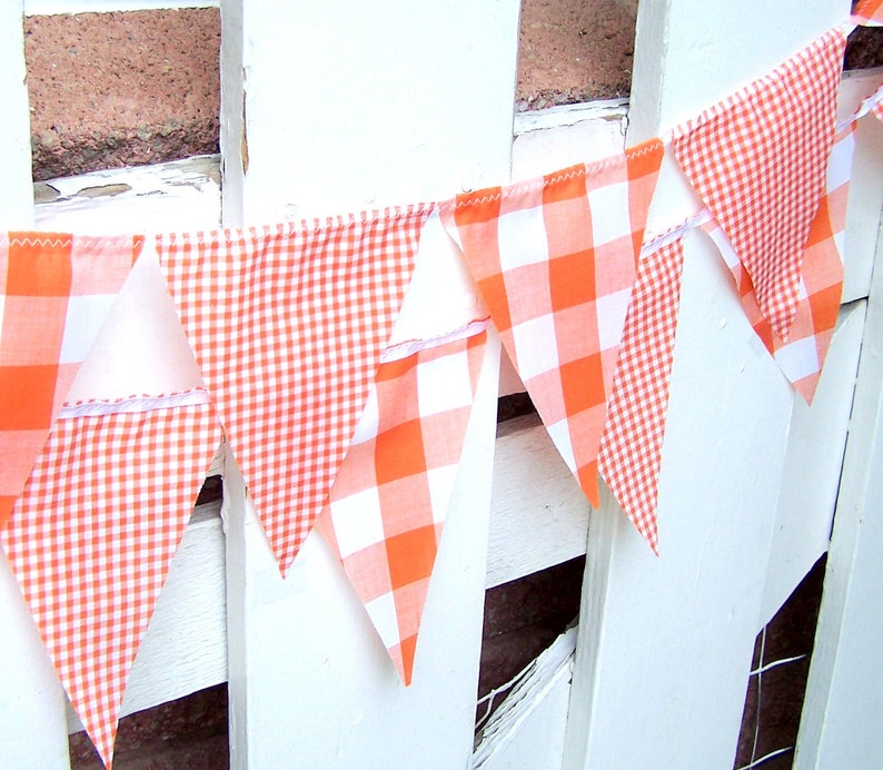 Banner Bunting Fabric Pennant Flags, Garland Vintage Style Gingham Orange Party, Bunting Pennant, Autumn Wedding, Birthday Party, Photo Prop image 4