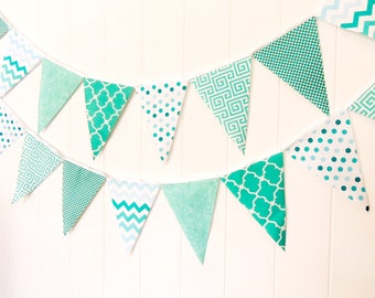 Fabric Garland, Banner Bunting, Fabric Pennant Flags, Mint, Turquoise, Teal Wedding, Photo Prop, Baby Nursery Decor, Birthday Party Garland