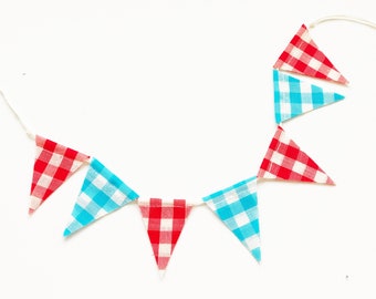 Birthday Party Cake Topper Banner, Fabric Pennant Flag Gingham Bunting, Aqua Blue and Red, Vintage Circus Party, Baby Shower Decor, Birthday