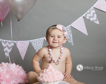 Banner Bunting, Fabric Flags, Wedding Decor, Light Pink, Grey, Polka Dot, Chevron, Damask, Photo Prop, Baby Girl Nursery Decor