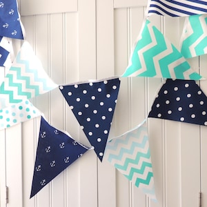 Nautical Bunting, Banner Fabric Pennant Flags, Anchor, Navy Blue, Mint, Teal, Turquoise, Chevron, Baby Nursery Decor, Birthday Garland Decor