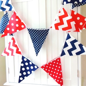 Banner, Bunting Fabric Pennant Flags, Navy Blue, Red, White, Stars, Chevron, Polka Dots, Boy Nursery, Baby Shower, Patriotic Garland USA image 5