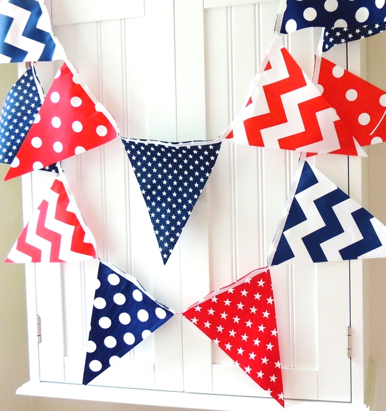 Banner, Bunting Fabric Pennant Flags, Navy Blue, Red, White, Stars, Chevron, Polka Dots, Boy Nursery, Baby Shower, Patriotic Garland USA image 5