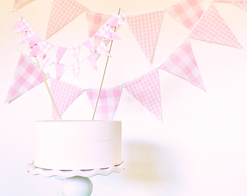Pink Gingham Party Banner, Bunting, Pennant Flags, Vintage Gingham Light Pink, Wedding Decorations, Baby Boy Shower, Nursery Decor, Birthday image 5