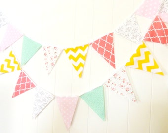 Fabric Banner, Bunting, Pennant Flags, Garland Turquoise, Pink, Grey, Yellow, Coral, Wedding Decor Photo Prop, Baby Nursery, Birthday Party