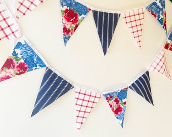 Pioneer Woman Floral and Stripes Banner Bunting, Fabric Pennant Red, White, Blue Garland Flags, Vintage Style Floral Picnic Party, Wedding