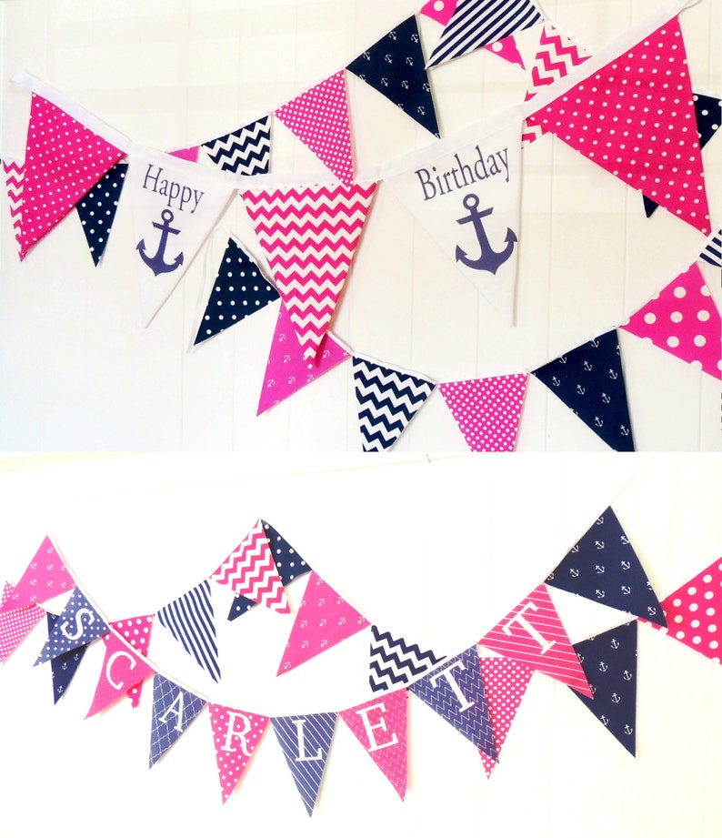 Party Bunting, Banner, Fabric Pennant Flags, Nautical Girl, Birthday, Navy Blue, Hot Pink, Anchors, Chevron, Baby Nursery Decor, Garland image 3