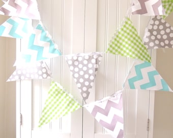 Baby Shower Garland Banner, Bunting, Fabric Pennants, Lime Gingham, Aqua Chevron, Grey Dot, Boy Nursery Decor, Wedding, Birthday Garland