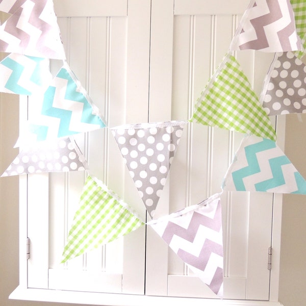 Baby Shower Garland Banner, Bunting, Fabric Pennants, Lime Gingham, Aqua Chevron, Grey Dot, Boy Nursery Decor, Wedding, Birthday Garland