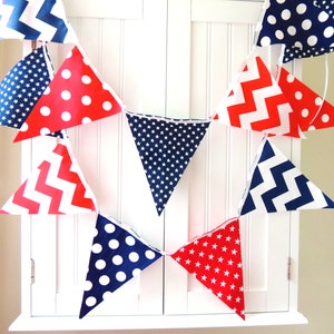 Banner, Bunting Fabric Pennant Flags, Navy Blue, Red, White, Stars, Chevron, Polka Dots, Boy Nursery, Baby Shower, Patriotic Garland USA image 4