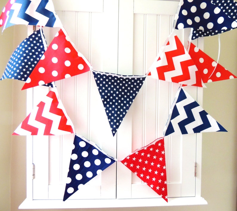 Banner, Bunting Fabric Pennant Flags, Navy Blue, Red, White, Stars, Chevron, Polka Dots, Boy Nursery, Baby Shower, Patriotic Garland USA image 4