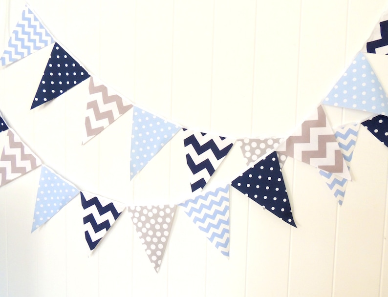 Bunting, Garland banner, Fabric Party Flags, Light Blue, Navy Blue, Grey, Polka Dot, Chevron, Boy Baby Shower, Birthday Garland, Photo Prop, image 1