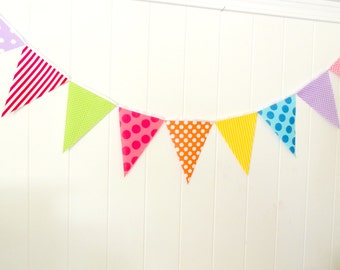 Candy Land Bunting, Rainbow Banner, Fabric Pennant Flag Garland, Birthday Party, Orange, Pink, Purple, Blue, Green Polka Dot, Clown Stripe