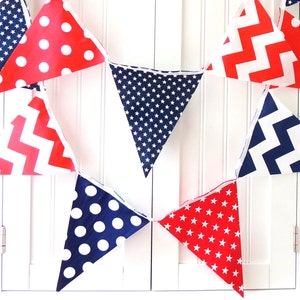 Banner, Bunting Fabric Pennant Flags, Navy Blue, Red, White, Stars, Chevron, Polka Dots, Boy Nursery, Baby Shower, Patriotic Garland USA image 2