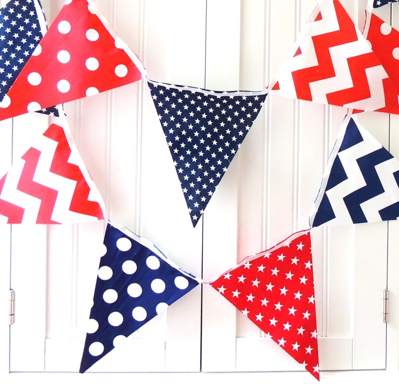 Banner, Bunting Fabric Pennant Flags, Navy Blue, Red, White, Stars, Chevron, Polka Dots, Boy Nursery, Baby Shower, Patriotic Garland USA image 2