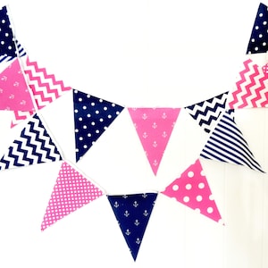 Party Bunting, Banner, Fabric Pennant Flags, Nautical Girl, Birthday, Navy Blue, Hot Pink, Anchors, Chevron, Baby Nursery Decor, Garland image 1