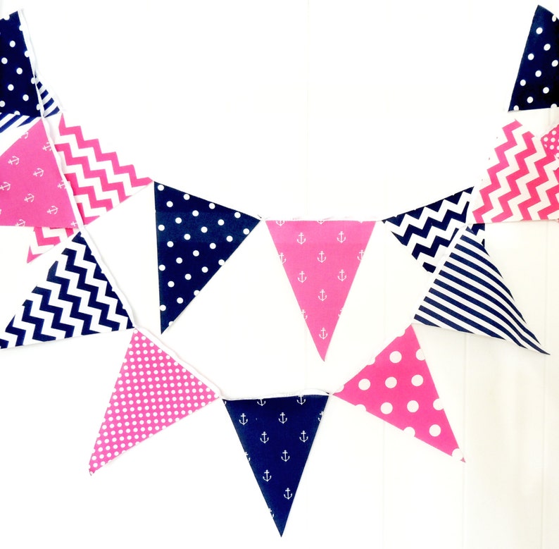 Party Bunting, Banner, Fabric Pennant Flags, Nautical Girl, Birthday, Navy Blue, Hot Pink, Anchors, Chevron, Baby Nursery Decor, Garland image 1