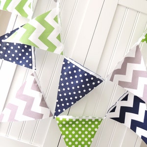 Bunting, Banner, Fabric Pennant Flags, Green, Navy Blue, Grey, Polka Dot, Chevron, Boy Baby Shower, Birthday Garland, Photo Prop, Wedding image 5