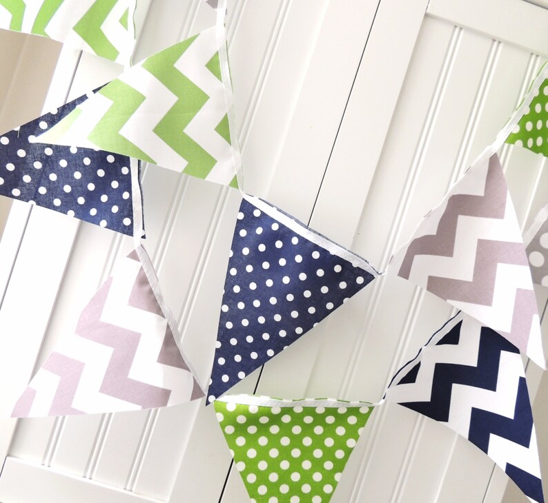 Bunting, Banner, Fabric Pennant Flags, Green, Navy Blue, Grey, Polka Dot, Chevron, Boy Baby Shower, Birthday Garland, Photo Prop, Wedding image 5