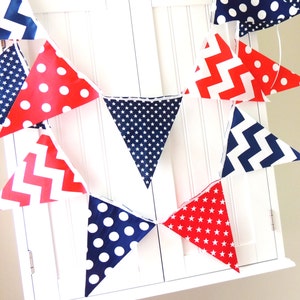 Banner, Bunting Fabric Pennant Flags, Navy Blue, Red, White, Stars, Chevron, Polka Dots, Boy Nursery, Baby Shower, Patriotic Garland USA image 3