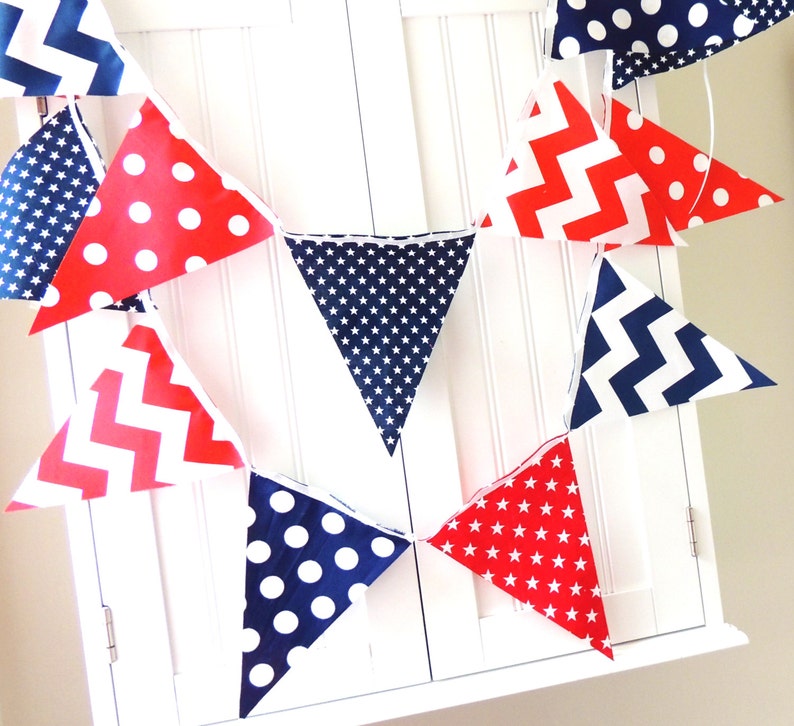 Banner, Bunting Fabric Pennant Flags, Navy Blue, Red, White, Stars, Chevron, Polka Dots, Boy Nursery, Baby Shower, Patriotic Garland USA image 3