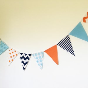 Boy Baby Nursery Banner, Bunting, Fabric Pennant Flags, Baby Shower, Birthday Party, Orange, Light Blue, Navy, Chevron, Polka Dot, Argyle image 4