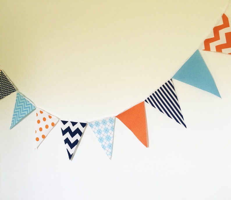 Boy Baby Nursery Banner, Bunting, Fabric Pennant Flags, Baby Shower, Birthday Party, Orange, Light Blue, Navy, Chevron, Polka Dot, Argyle image 4