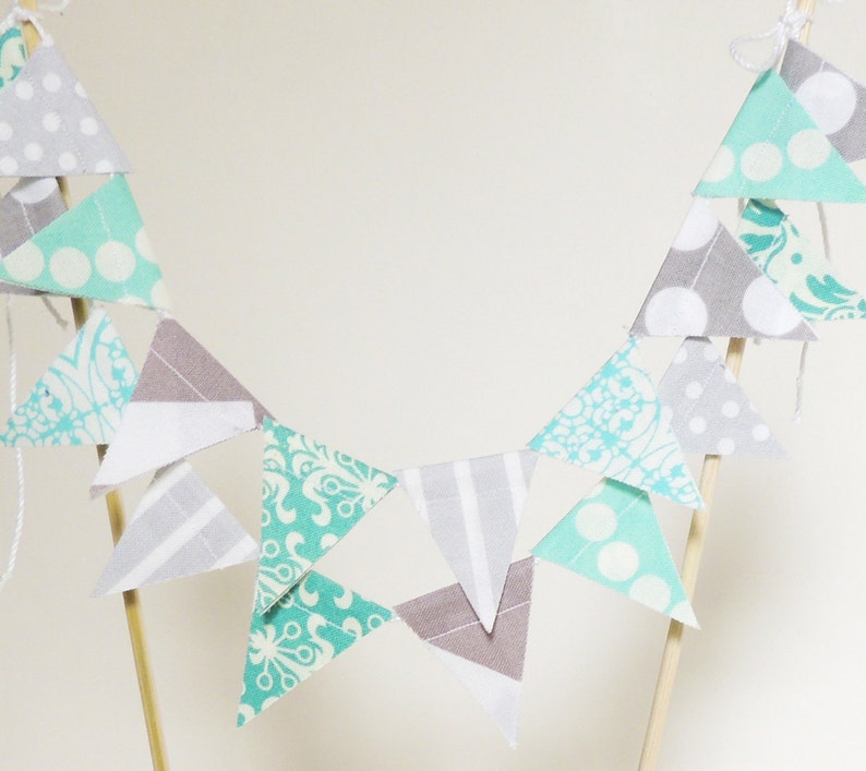 Banner, Bunting, stof wimpel vlaggen, Baby Nursery Decor, bruiloft, verjaardagsfeest, Turquoise, Aqua blauw, grijs, Chevron, Dot, Baby Shower afbeelding 5