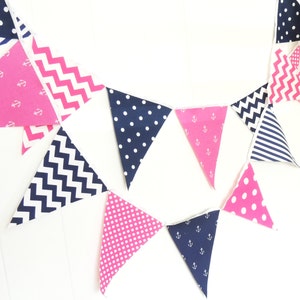 Party Bunting, Banner, Fabric Pennant Flags, Nautical Girl, Birthday, Navy Blue, Hot Pink, Anchors, Chevron, Baby Nursery Decor, Garland image 2