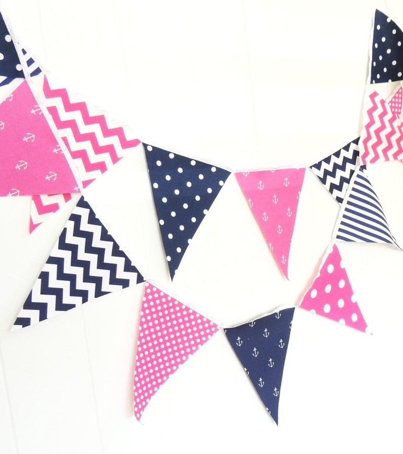 Party Bunting, Banner, Fabric Pennant Flags, Nautical Girl, Birthday, Navy Blue, Hot Pink, Anchors, Chevron, Baby Nursery Decor, Garland image 2