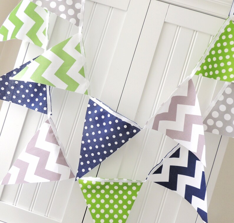 Bunting, Banner, Fabric Pennant Flags, Green, Navy Blue, Grey, Polka Dot, Chevron, Boy Baby Shower, Birthday Garland, Photo Prop, Wedding image 4