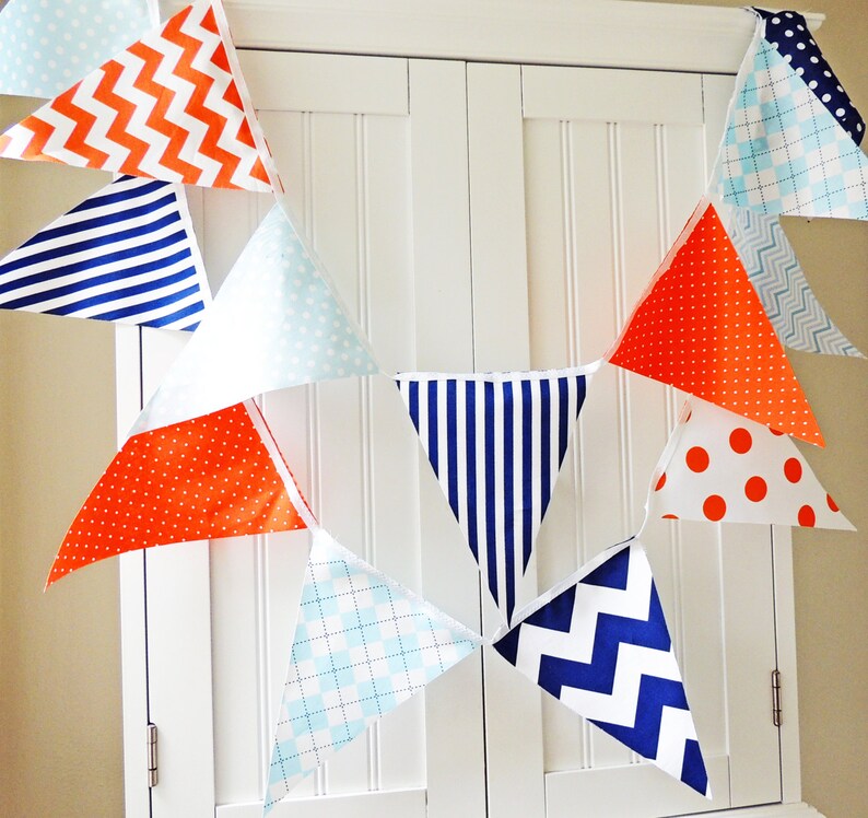 Boy Baby Nursery Banner, Bunting, Fabric Pennant Flags, Baby Shower, Birthday Party, Orange, Light Blue, Navy, Chevron, Polka Dot, Argyle image 3