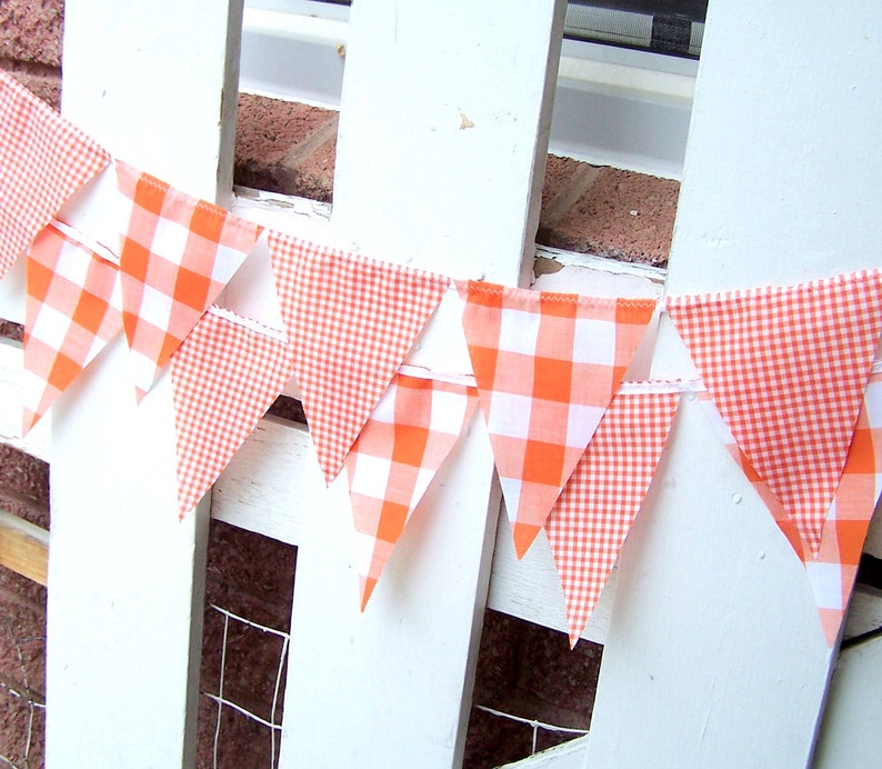 Banner Bunting Fabric Pennant Flags, Garland Vintage Style Gingham Orange Party, Bunting Pennant, Autumn Wedding, Birthday Party, Photo Prop image 3