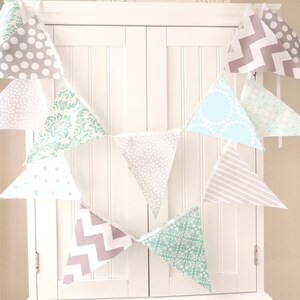 Banner, Bunting, stof wimpel vlaggen, Baby Nursery Decor, bruiloft, verjaardagsfeest, Turquoise, Aqua blauw, grijs, Chevron, Dot, Baby Shower afbeelding 2