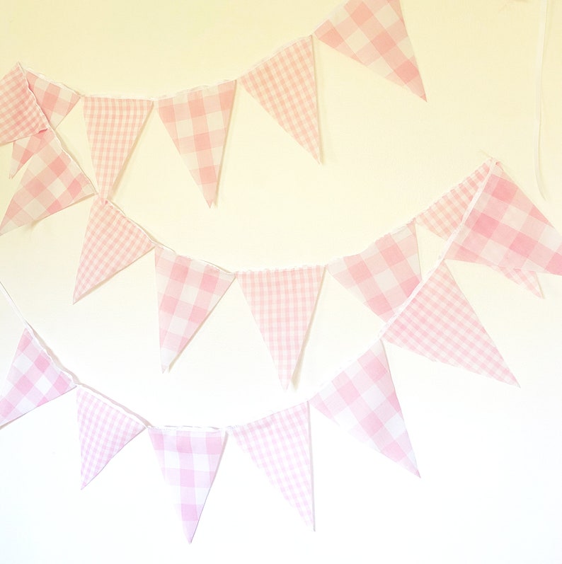 Pink Gingham Party Banner, Bunting, Pennant Flags, Vintage Gingham Light Pink, Wedding Decorations, Baby Boy Shower, Nursery Decor, Birthday image 2