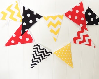 Banner, Bunting, Fabric Pennant Flags, Baby Shower, Birthday Party, Red, Yellow, Black, Chevron, Argyle, Birthday Party, Boy Room Decor