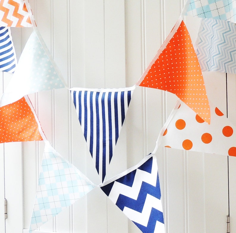 Boy Baby Nursery Banner, Bunting, Fabric Pennant Flags, Baby Shower, Birthday Party, Orange, Light Blue, Navy, Chevron, Polka Dot, Argyle image 2