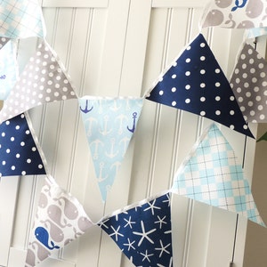 Nautical Baby Shower Banner, Bunting, Fabric Pennant Flags, Navy, Light Blue, Grey Whale, Anchor, Blue, Birthday Party Garland Wedding Decor image 2