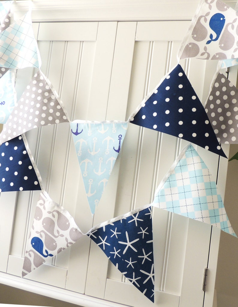 Nautical Baby Shower Banner, Bunting, Fabric Pennant Flags, Navy, Light Blue, Grey Whale, Anchor, Blue, Birthday Party Garland Wedding Decor image 2