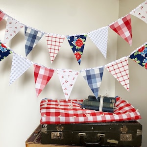 Picnic Gingham Banner, Bunting, Fabric Pennant Floral Garland Flags, Vintage Style Cherry Picnic Party, Wedding, Birthday, Patriotic Decor image 3